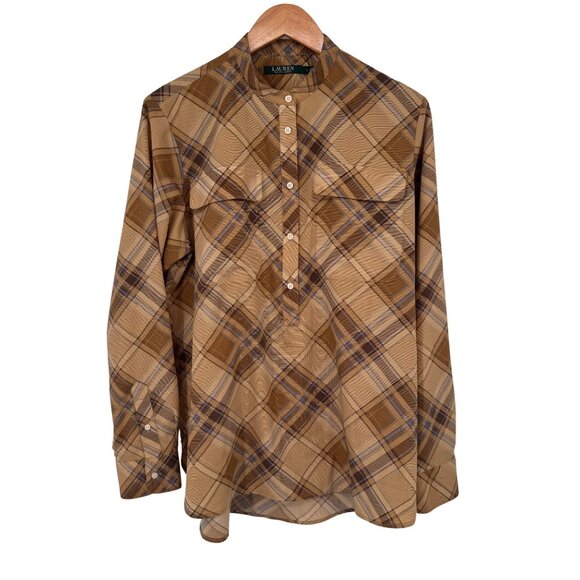 Lauren Ralph Lauren womens Plaid Tan & Brown Band Collar tunic Shirt size large - Picture 2 of 12